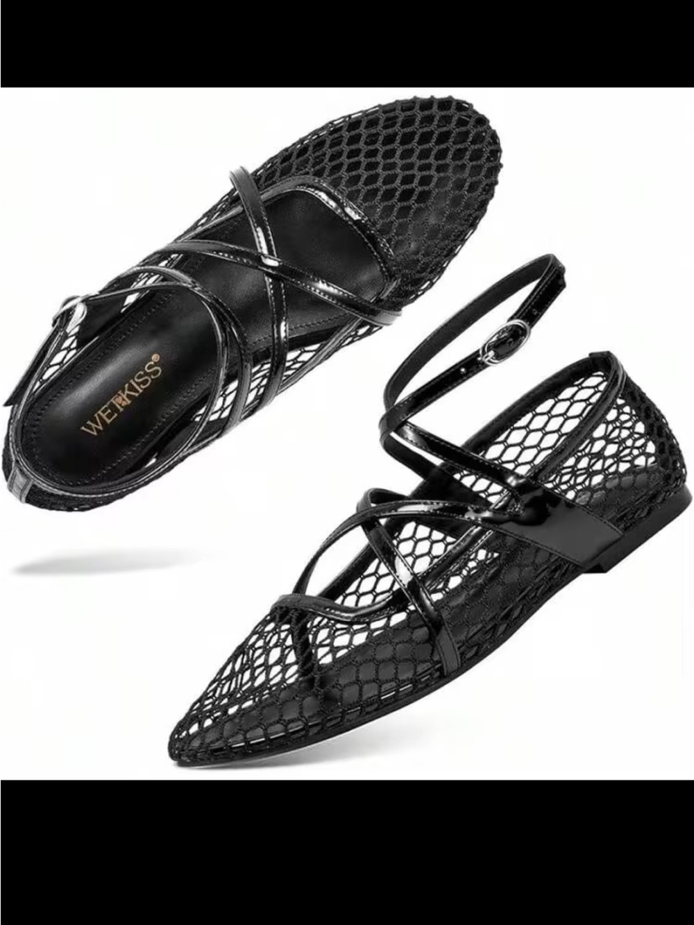 WetKiss Black Mesh Pointed Ballet Flats with Ankle Strap